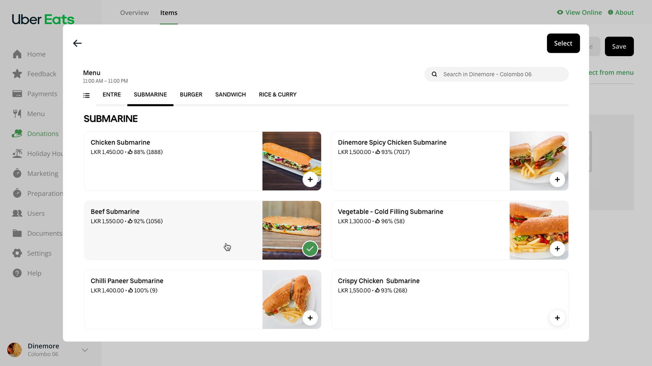 Select from menu